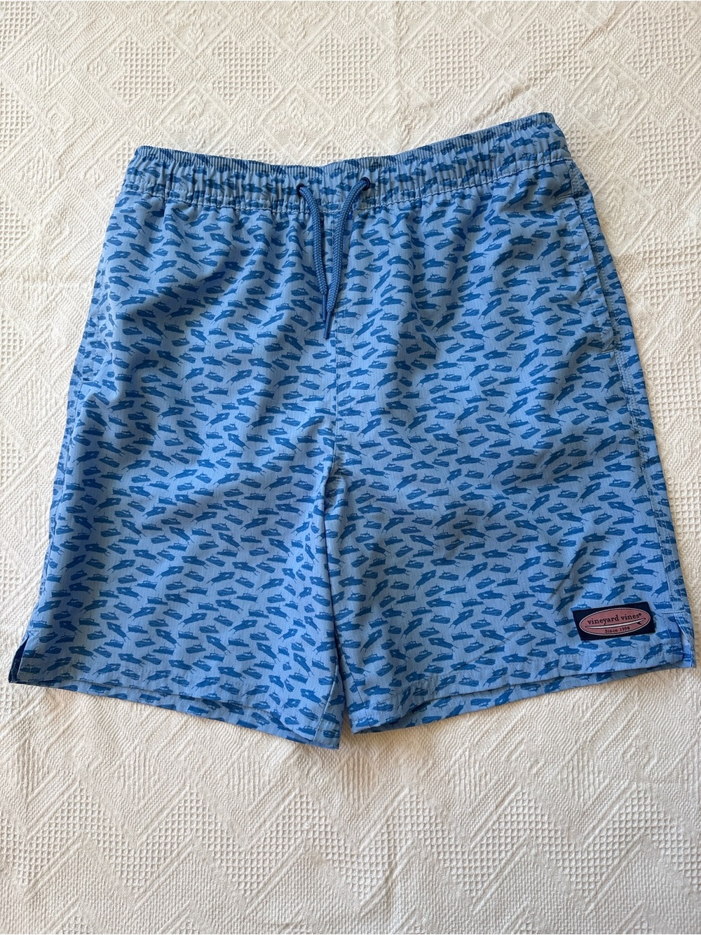 Vineyard Vines Blue Boat-Print Kids Swim Trunks